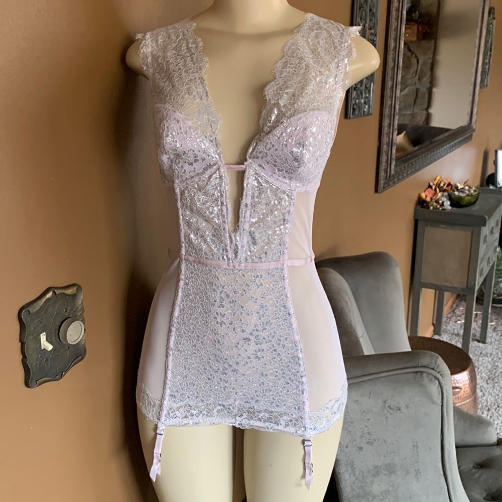 Victoria’s Secret Shimmer Bra Babydoll Corset Garter Lingerie Teddy Nightgown